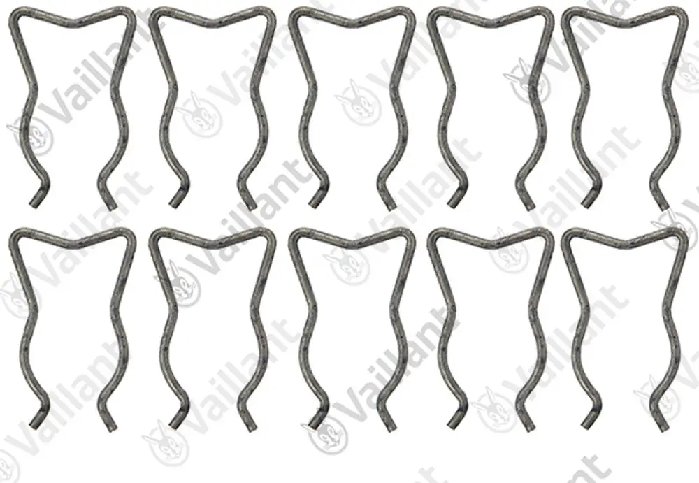 Zehn Klemmfedern von Vaillant in charakteristischer Form, auf einem weißen Hintergrund angeordnet.